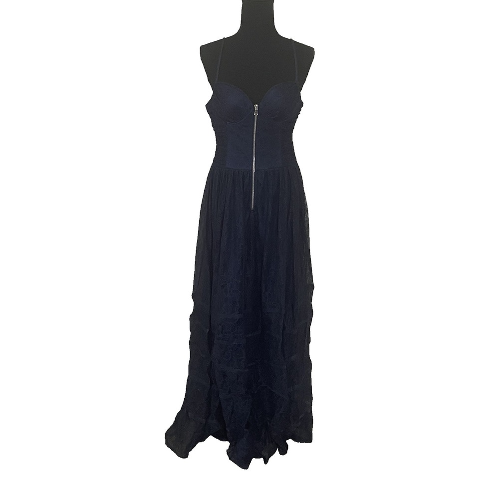 BETSEY JOHNSON Maxi Flowy Dress Sz 10 Lace‎ Zip Front Bustier Tiered Whimsigoth